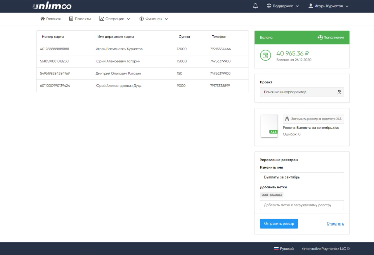 Интерфейс SkyPay